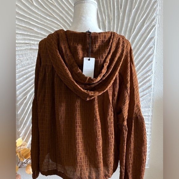 Cinnamon Brown Smocked Hoodie Button Top Size Large - Picture 3 of 3
